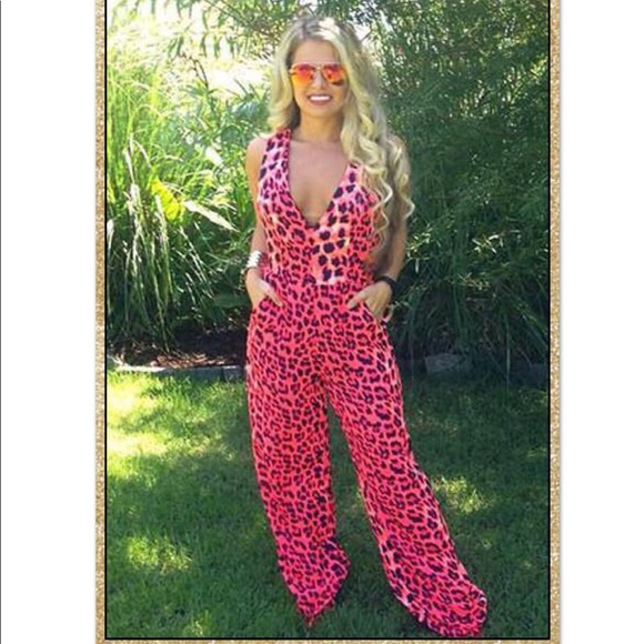 ‘Wild One’ Neon Pink & Navy Leopard Jumpsuit - Picture 3 of 3